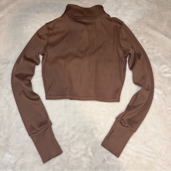 LA + Image Brown Ribbed Half Zip Mock Neck Cropped Long Sleeve Top Size Small - Picture 7 of 9